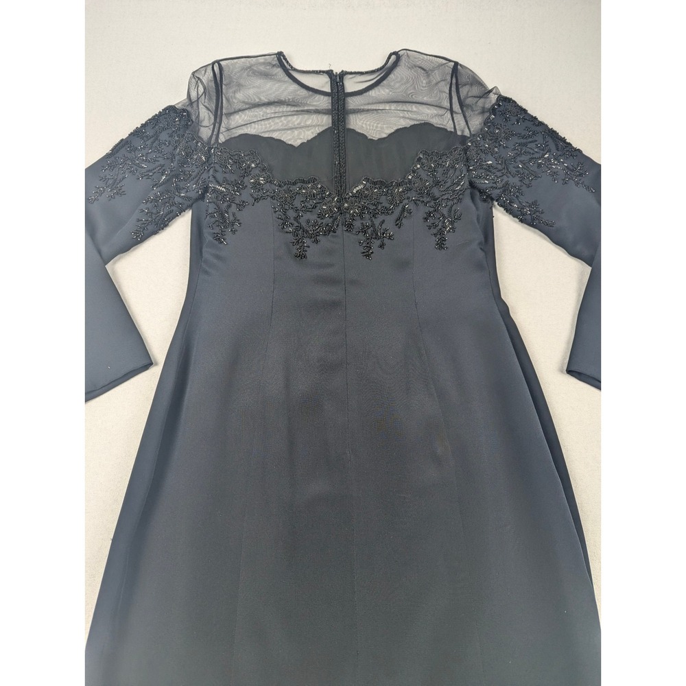 Oleg Cassini Black Tie Silk Beaded Illusion Dress Black Long Sleeve Size 8 - Picture 3 of 16